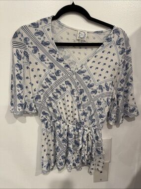 Blue Rain White and Blue Paisley V-Neck Peplum Blouse